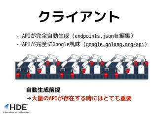 クライアント
• APIが完全自動生成 (endpoints.jsonを編集）
• APIが完全にGoogle風味 (google.golang.org/api)
自動生成前提
→大量のAPIが存在する時にはとても重要
 