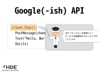 Google(-ish) API
client.Chat().
PostMessage(channelID).
Text(“Hello, World!”).
Do(ctx)
まず「サービス」を取得じゃ！
サービスは論理的なグルーピングの
ことじゃな
 