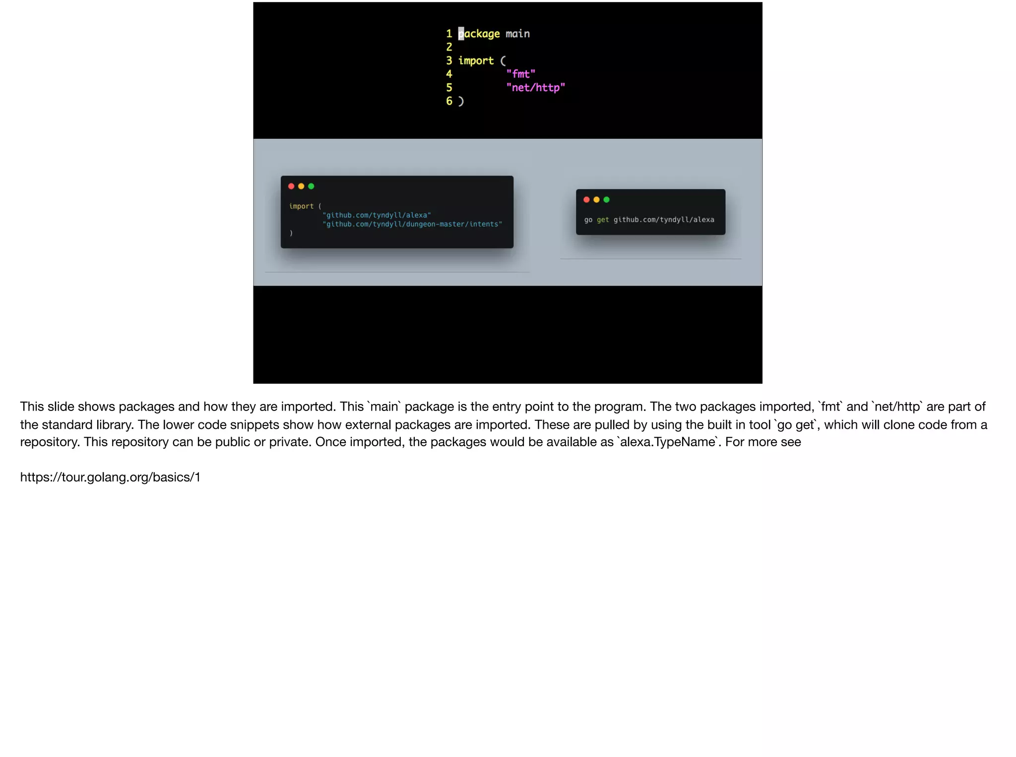 This slide shows packages and how they are imported. This `main` package is the entry point to the program. The two packages imported, `fmt` and `net/http` are part of
the standard library. The lower code snippets show how external packages are imported. These are pulled by using the built in tool `go get`, which will clone code from a
repository. This repository can be public or private. Once imported, the packages would be available as `alexa.TypeName`. For more see

https://tour.golang.org/basics/1
 