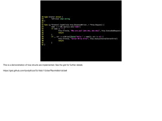 This is a demonstration of how structs are implemented. See the gist for further details

https://gist.github.com/tyndyll/cce72c16dc112cbe7ﬀac44dbb1dc5e8
 
