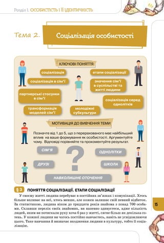 Розділ I. Особистість і її ідентичність
15
Позначте від 1 до 5, що з перерахованого має найбільший
вплив  на ваше формування як особистості. Аргументуйте
чому.  Відповіді порівняйте та прокоментуйте результат.
соціалізація
соціалізація в сім’ї
партнерські стосунки
в сім’ї
трансформація
моделей сім’ї
молодіжні
субкультури
СІМ’Я
ДРУЗІ
ОДНОЛІТКИ
ШКОЛА
НАВКОЛИШНЄ ОТОЧЕННЯ
етапи соціалізації
значення сім’ї
в суспільстві та
житті людини
соціалізація серед
однолітків
Ключові поняття
Мотивація до вивчення теми
Соціалізація особистостіТема 2.
§ 3 	 Поняття соціалізації. Етапи соціалізації
У своєму житті людина перебуває в постійних зв’язках і комунікації. Хтось
більше впливає на неї, хтось менше, але кожен залишає свій певний відбиток.
За статистикою, людина віком до тридцяти років знайома з понад 700 особа­
ми. Склавши перелік своїх знайомих, ви напевно здивуєтеся, адже кількість
людей, яким ви потискали руку хоча б раз у житті, сягне більш як декілька со­
тень. У кожної людини ви чогось постійно навчаєтесь, навіть не усвідомлюючи
цього. Таке навчання й визначає входження людини в культуру, тобто її соціа­
лізацію. 	
 