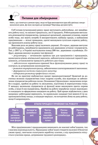 Розділ VI. ВЗАЄМОДІЯ ГРОМАДЯН І ДЕРЖАВИ В ДОСЯГНЕННІ СУСПІЛЬНОГО ДОБРОБУТУ
201
Питання для обміркування
Уявіть, що станеться з ринком праці, якщо не буде виконуватися одна або декілька з вище-
зазначених умов. До яких наслідків це призведе? Відповідь аргументуйте.
Суб’єктами (учасниками) ринку праці виступають роботодавці, які винайма­
ють робочу силу, та наймані працівники, які її продають. Роботодавцями виступа­
ють різноманітні підприємства, громадські організації, державні установи, окремі
особи тощо, які мають потребу й використовують найману працю, а найманими
працівниками — вільні громадяни, здатні виконувати суспільно корисну роботу,
що пропонують власну робочу силу.
Важлива роль на ринку праці належить державі. По-перше, держава виступає
як роботодавець, винаймаючи працівників для державних установ і підприємств.
Так, у 2017 р. в Україні налічувалося понад 200 тис. державних службовців. По-
друге, держава виконує на ринку такі функції:
• регуляторну — встановлює правила гри для працівників і працедавців,
визначаючи рівень мінімальної зарплати, забезпечуючи соціальні гарантії пра­
цівників, установлюючи тривалість робочого дня тощо;
• забезпечення нормативно-правової бази функціонування ринку праці та
контроль за дотриманням законодавства;
• розвиток внутрішнього ринку, забезпечення платоспроможності населення;
• формування системи соціального захисту;
• підтримка розвитку професійних спілок.
Як же на практиці відбувається процес працевлаштування? Зазвичай на до­
статньо великих підприємствах існує кадрова служба, яка відповідає за забезпе­
чення підприємства робочою силою. Основними її функціями є визначення потре­
би в кадрах, прийом на роботу та звільнення, підготовка й перепідготовка тощо.
У  випадку маленьких підприємств ці функції може виконувати просто окрема
особа, а іноді й сам підприємець. Прийом на роботу передбачає пошук відповідно­
го кандидата та оформлення кандидата на роботу. Цей процес відбувається у двох
напрямах: роботодавці вирішують, чи задовольняє кандидат їхні вимоги й чи за­
пропонувати йому посаду, а кандидат вирішує, чи погодитись йому на дану роботу,
якщо її запропонують.
	
Між працівниками і працедавцями виникають як взаємні зобов’язання, так
і взаємна відповідальність. Працедавці зобов’язані створити належні й безпечні
умови праці, своєчасно сплачувати заробітну платню, а від працівників очіку­
ється сумлінна праця, дотримання трудового розпорядку.
Етапи процесу прийому на роботу
Підго­
товка
резюме,
заповне-
ння форм
Інтерв’ю
(співбесі-
да)
Тесту­
вання,
кваліфі-
каційний
іспит
Погли-
блена
співбесіда
Пропо-
зиція
роботи
 