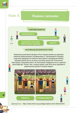 48
Американський філософ Джон Ролз підкреслював що держава
повинна забезпечувати справедливість, підтримувати порядок,
водночас держава не повинна нав’язувати громадянам якийсь
кращий спосіб життя чи якусь систему цінностей. Розгляньте
ілюстрацію. Прокоментуйте, як ілюстрація співвідноситься з думкою
філософа Дж. Ролза і яка, на вашу думку, має бути роль держави в
забезпеченні рівності кожній людині.
рівноправність
РІВНІСТЬ СПРАВЕДЛИВІСТЬ
гарантії
позитивні й негативні
зобов’язання держави
верховенство права
Ключові поняття
Мотивація до вивчення теми
Д ж е р е л о : http://www.chclc.org.au/legal-advice-and-referral.html
Людина і державаТема 3.
 