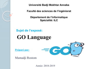 Université Badji Mokhtar Annaba
Faculté des sciences de l’ingéniorat
Département de l’informatique
Spécialité: ILC
Sujet de l’exposé:
Préparé par:
Mamadji Rostom
Année: 2018-2019
GO Language
 