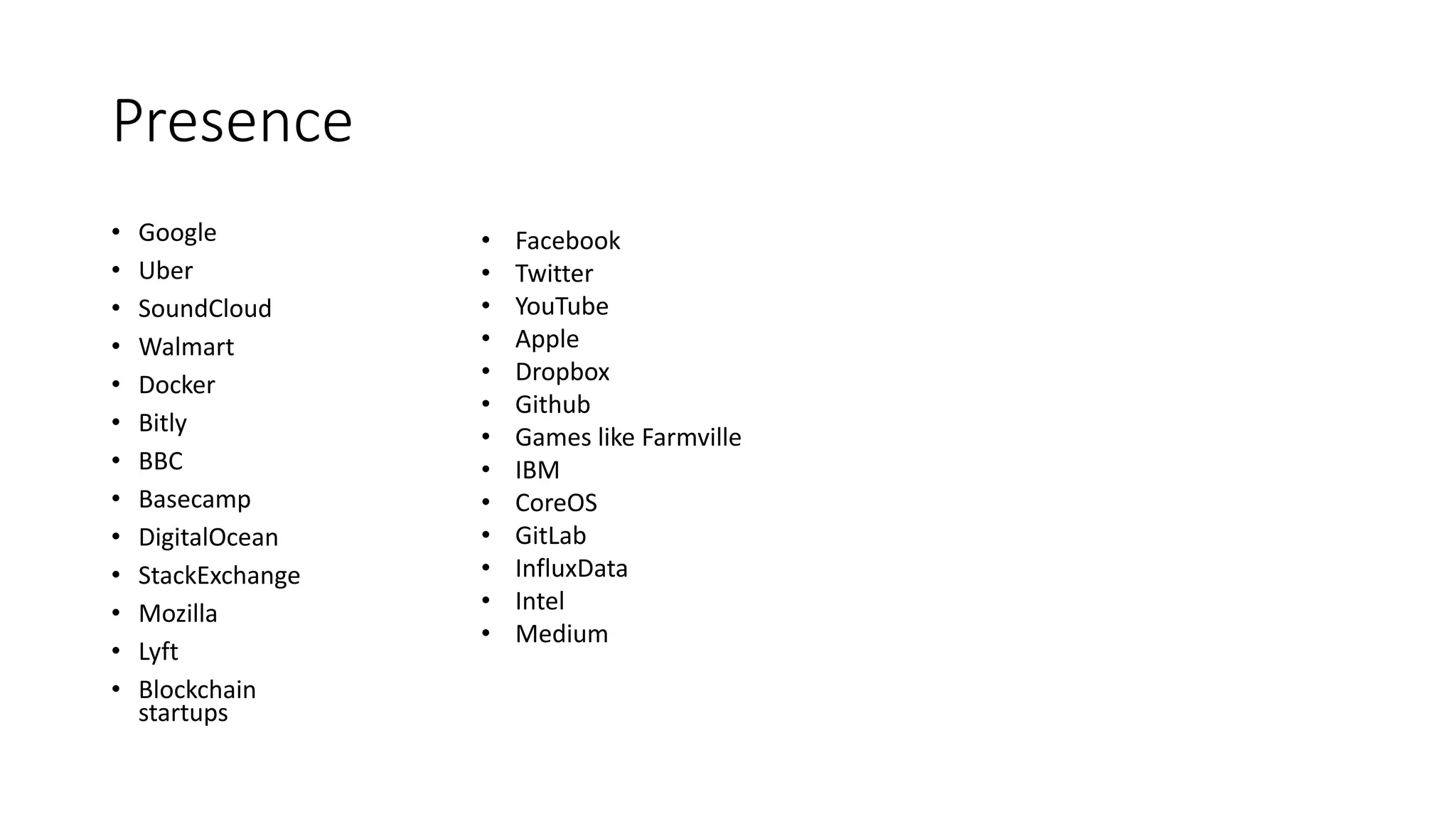 Presence
• Google
• Uber
• SoundCloud
• Walmart
• Docker
• Bitly
• BBC
• Basecamp
• DigitalOcean
• StackExchange
• Mozilla
• Lyft
• Blockchain
startups
• Facebook
• Twitter
• YouTube
• Apple
• Dropbox
• Github
• Games like Farmville
• IBM
• CoreOS
• GitLab
• InfluxData
• Intel
• Medium
 