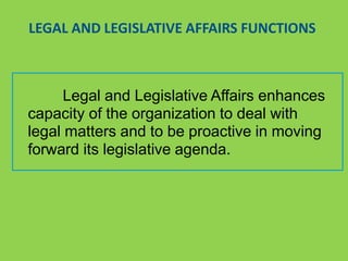 LEGAL AND LEGISLATIVE AFFAIRS FUNCTIONS
Legal and Legislative Affairs enhances
capacity of the organization to deal with
legal matters and to be proactive in moving
forward its legislative agenda.
 