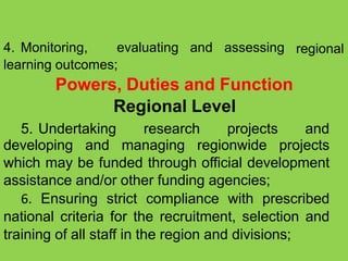 regional
4. Monitoring, evaluating and assessing
learning outcomes;
Powers, Duties and Function
Regional Level
5. Undertaking research projects and
developing and managing regionwide projects
which may be funded through official development
assistance and/or other funding agencies;
6. Ensuring strict compliance with prescribed
national criteria for the recruitment, selection and
training of all staff in the region and divisions;
 