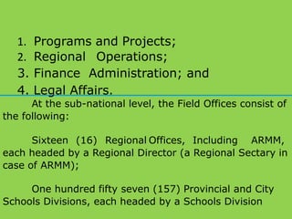 1. Programs and Projects;
2. Regional Operations;
3. Finance Administration; and
4. Legal Affairs.
At the sub-national level, the Field Offices consist of
the following:
Sixteen (16) Regional Offices, Including ARMM,
each headed by a Regional Director (a Regional Sectary in
case of ARMM);
One hundred fifty seven (157) Provincial and City
Schools Divisions, each headed by a Schools Division
 