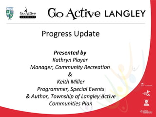 Progress Update Presented by  Kathryn Player  Manager, Community Recreation  &  Keith Miller  Programmer, Special Events  & Author, Township of Langley Active Communities Plan 