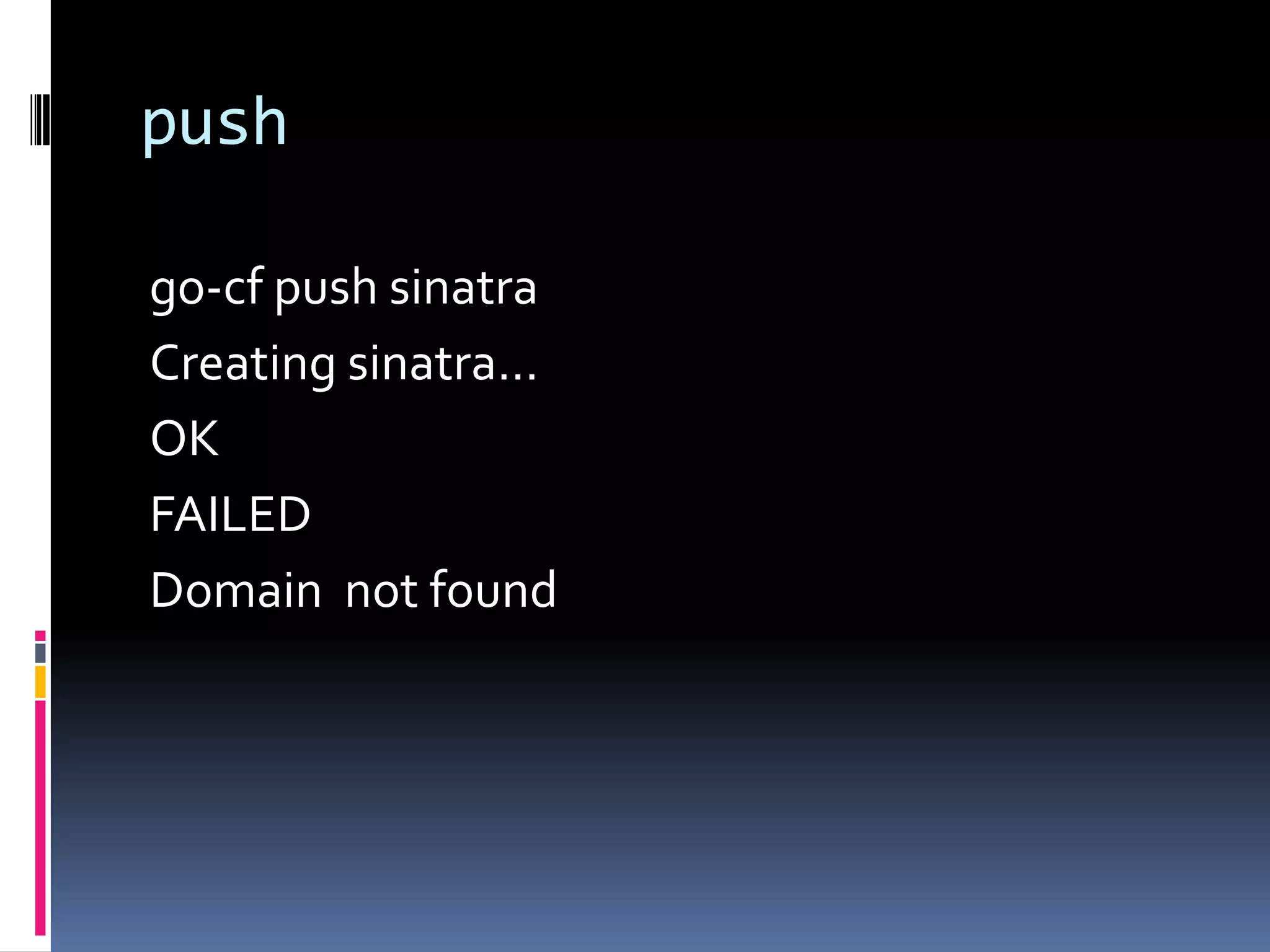 push
go-cf push sinatra
Creating sinatra...
OK
FAILED
Domain not found

 