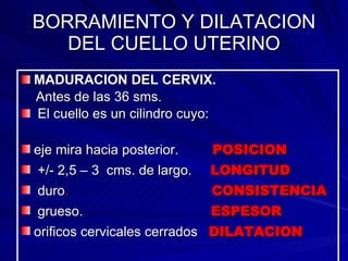 BORRAMIENTO Y DILATACION DEL CUELLO UTERINO MADURACION DEL CERVIX. Antes de las 36 sms. El cuello es un cilindro cuyo: eje mira hacia posterior.  POSICION +/- 2,5 – 3  cms. de largo.   LONGITUD duro .  CONSISTENCIA grueso.   ESPESOR orificos cervicales cerrados   DILATACION 