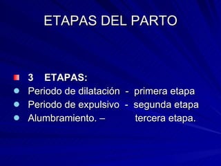 ETAPAS DEL PARTO 3  ETAPAS: Periodo de dilatación  -  primera etapa  Periodo de expulsivo  -  segunda etapa Alumbramiento. –  tercera etapa. 