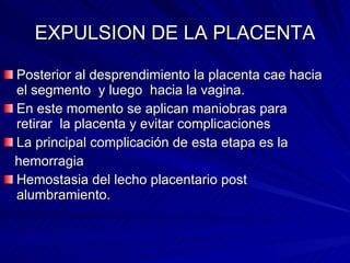 EXPULSION DE LA PLACENTA Posterior al desprendimiento la placenta cae hacia el segmento  y luego  hacia la vagina. En este momento se aplican maniobras para retirar  la placenta y evitar complicaciones  La principal complicación de esta etapa es la hemorragia Hemostasia del lecho placentario post alumbramiento. 