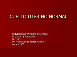 CUELLO UTERINO NORMAL UNIVERSIDAD CATOLICA DEL MAULE ESCUELA DE MEDICINA Docente: Dr. Marco Antonio Fuster Alarcón Agosto 2008 