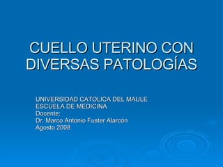 CUELLO UTERINO CON DIVERSAS PATOLOGÍAS UNIVERSIDAD CATOLICA DEL MAULE ESCUELA DE MEDICINA Docente: Dr. Marco Antonio Fuster Alarcón Agosto 2008 