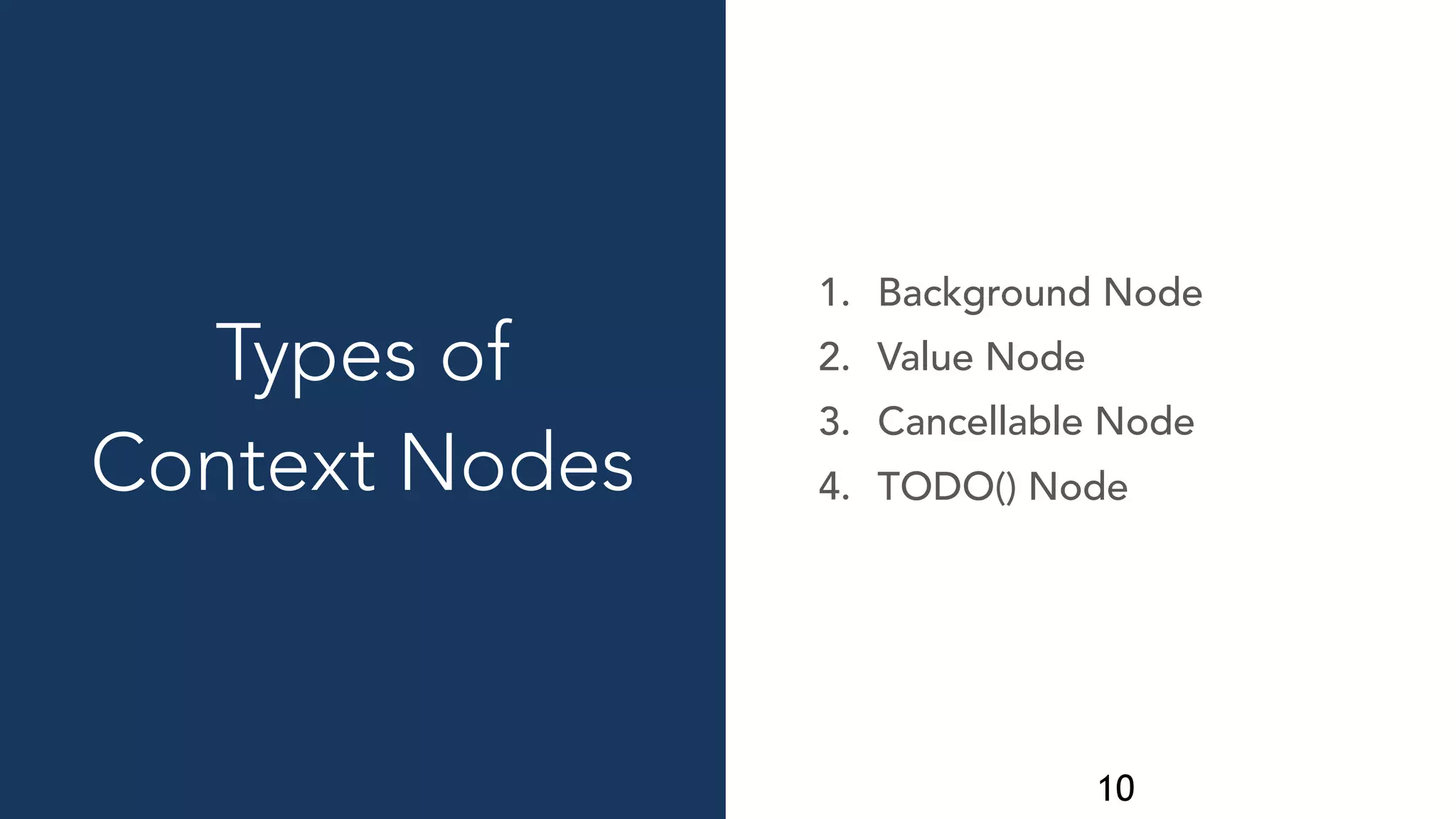 10
Types of
Context Nodes
1. Background Node
2. Value Node
3. Cancellable Node
4. TODO() Node
 