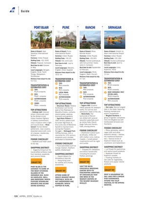 Guide
APRIL 2019 GoAir.in126
PUNEPORTBLAIR
Name of Airport: Pune
International Airport
Currency: Indian Rupee
Dialling Code: +91-20
Climate: Hot, semi-arid
Best time to visit: July to
February
Local Languages: Marathi,
English, Hindi, Gujarati
Distance from airport to city:
10.9 km
TRANSPORTATION &
ESTIMATED COST
TAXI:
r50 onwards
BUS:
r20 onwards
LOCAL TRAIN:
r10 onwards
AUTORICKSHAW:
r18 onwards
TOP ATTRACTIONS
Shaniwar Wada: Historic
seat of the Peshwas of
Maratha Empire, contains
several gates, palaces,
fountains and gardens
Aga Khan Palace: A
19th century palace built
by Sultan Aga Khan III,
this is the site of Mahatma
Gandhi’s imprisonment
during the Freedom
Struggle Sinhagad Fort:
Clifftop fortress, with a
memorial for 17th century
emperors and a temple
dedicated to Goddess Kali
FOODIE CHECKLIST
Pune specialties such as
mango mastani, Budhani
wafers, bhakarwadi
SHOPPING DISTRICT
Kayani Bakery for
Shrewsbury biscuits
Hong Kong Lane
for clothes and chunky
acessories
SMART TIP:
ATTEND SOME OF
INDIA’S BIGGEST MUSIC
FESTIVALS, SUCH AS
NH7 WEEKENDER AND
SUNBURN, WHICH
HAPPEN IN PUNE.
Name of Airport: Veer
Savarkar International
Airport
Currency: Indian Rupee
Dialling Code: +91-3192
Climate: Tropical, monsoon
Best time to visit: October
to May
Local Languages: Bengali,
English, Hindi, Tamil,
Telugu, Malayalam,
Nicobarese
Distance from airport to city:
5.4 km
TRANSPORTATION &
ESTIMATED COST
TAXI:
r125 onwards
BUS:
r300 onwards
AUTORICKSHAW:
r100 onwards
FERRY:
r900 onwards
TOP ATTRACTIONS
Cellular Jail: Colonial
prison infamously used
by the British to put
now a museum with a light
and sound show Ross
Island: Former British
settlement, now a scenic,
deserted island with ruins
of a bazaar, residences,
ballrooms, etc.
FOODIE CHECKLIST
Seafood and fresh catch
of the day
SHOPPING DISTRICT
Sagarika Emporium for
handcrafted artifacts made
from bamboo, seashells
and coconut shells
SMART TIP:
PORT BLAIR IS THE
GATEWAY TO SOME OF
THE MOST STUNNING
ISLANDS IN THE
ANDAMAN SEA, SUCH
AS HAVELOCK, NEILL
AND BARATANG, WHICH
FEATURE SPRAWLING
RESORTS AND SCUBA
DIVING SCHOOLS.
RANCHI
Name of Airport: Birsa
Munda Airport
Currency: Indian Rupee
Dialling Code: +91-651
Climate: Humid subtropical,
with hot summer; heavy
rains in monsoon
Best time to visit: September
to February
Local Languages: Hindi,
Nagpuri, Bijori, Kurukh
Distance from airport to city:
4.7 km
TRANSPORTATION &
ESTIMATED COST
TAXI:
r40 onwards
BUS:
r30 onwards
AUTORICKSHAW:
r10 onwards
TOP ATTRACTIONS
Tagore Hill: A scenic
hilltop popular for pleasant
walks, fun picnics and
panoramic views of the city
Waterfalls: The
surrounds of Ranchi
are dotted with several
beautiful waterfalls such
as Jonha Falls, Panch
Gagh Falls and Hundru
Falls, among others.
FOODIE CHECKLIST
Jharkhand cuisine such
as dhuska, chilka roti
with mutton curry, mahua
masala Locally grown
mushrooms such as rugra
and tumba
SHOPPING DISTRICT
Firayalal for metalwork
and ethnic handicrafts
including the ancient
Paitkar paintings
SMART TIP:
VISIT THE MUTA
CROCODILE BREEDING
CENTRE WITH ITS
FASCINATING VARIETIES
OF CROCODILES THAT
ARE BRED IN THE
MARSHY WATERS OF
THE NEARBY BHAIRAVI
RIVULET.
SRINAGAR
Name of Airport: Sheikh Ul-
Alam International Airport
Currency: Indian Rupee
Dialling Code: +91-194
Climate: Humid subtropical
Best time to visit: April to
October
Local Languages: Urdu,
Kashmiri, Hindi
Distance from airport to city:
11 km
TRANSPORTATION &
ESTIMATED COST
TAXI:
r700 onwards
BUS:
r150 onwards
BOAT (SHIKARAS ONLY
ON DAL LAKE):
r500 onwards
AUTORICKSHAW:
r25 onwards
TOP ATTRACTIONS
Dal Lake: Second largest
lake in the state, featuring
scenic houseboats
Mughal Gardens: A
group of garden complexes
from the Mughal era with
landscaped terraces and
fountains
FOODIE CHECKLIST
Rista, gohstaba, yakhni,
rogan josh and other
Kashmiri dishes Kahwa,
the traditional Kashmiri
tea Various kinds of
Kashmiri bread such as
czochworu and bakarkhani
SHOPPING DISTRICT
Lal Chowk for pashminas
and walnut wood artefacts
Badshah Chowk for
Kashmiri carpets
Floating markets on
Dal Lake for vegetables,
products
SMART TIP:
RENT A HOUSEBOAT ON
DAL LAKE FOR A UNIQUE
STAY EXPERIENCE.
ATTEND THE TULIP
FESTIVAL IN THE SPRING
MONTHS.
 