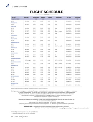 Above & Beyond
148 APRIL 2019 GoAir.in
FLIGHT SCHEDULE
G8 284 Non Stop 22:45 00:10 01:25 Daily 31-Mar-2019 26-Oct-2019
PUNE-CHENNAI
G8 633 Non Stop 23:05 00:55 01:50 Daily 31-Mar-2019 26-Oct-2019
PUNE-DELHI
G8 176 Non Stop 01:20 03:30 02:10 Daily 31-Mar-2019 26-Oct-2019
G8 174 Non Stop 10:45 13:10 02:25 Sa 06-Apr-2019 26-Oct-2019
G8 174 Non Stop 11:30 13:45 02:15 M, Tu, W, Th, F, Su 31-Mar-2019 25-Oct-2019
G8 172 Non Stop 20:55 23:10 02:15 Daily 31-Mar-2019 26-Oct-2019
PUNE-KOLKATA
G8 394 Non Stop 22:30 01:00 02:30 Daily 31-Mar-2019 26-Oct-2019
PUNE-NAGPUR
G8 283 Non Stop 07:35 08:50 01:15 Daily 31-Mar-2019 26-Oct-2019
RANCHI-BENGALURU
G8 373 Non Stop 13:40 16:00 02:20 Tu 02-Apr-2019 22-Oct-2019
G8 375 Non Stop 14:40 16:55 02:15 M, W, Th, F, Sa, Su 31-Mar-2019 26-Oct-2019
RANCHI-DELHI
G8 146 Non Stop 11:15 13:15 02:00 Daily 31-Mar-2019 26-Oct-2019
G8 148 Non Stop 20:10 22:05 01:55 Daily 31-Mar-2019 26-Oct-2019
RANCHI-MUMBAI
G8 706 Non Stop 11:35 13:55 02:20 Su 31-Mar-2019 20-Oct-2019
G8 484 Non Stop 19:10 21:30 02:20 Daily 31-Mar-2019 26-Oct-2019
SRINAGAR-AHMEDABAD
G8 913 Via Chandigarh 14:25 17:45 03:20 M, Tu, W, Th, F, Sa 01-Apr-2019 26-Oct-2019
SRINAGAR-CHANDIGARH
G8 913 Non Stop 14:25 15:30 01:05 M, Tu, W, Th, F, Sa 01-Apr-2019 26-Oct-2019
SRINAGAR-DELHI
G8 192 Non Stop 07:15 08:45 01:30 M, Tu, W, Th, F, Su 31-Mar-2019 25-Oct-2019
G8 204 Non Stop 09:50 11:30 01:40 Daily 01-Apr-2019 30-Apr-2019
G8 129 Non Stop 11:10 12:50 01:40 Daily 31-Mar-2019 26-Oct-2019
G8 149* Non Stop 15:45 17:20 01:35 Daily 31-Mar-2019 26-Oct-2019
G8 335* Non Stop 17:45 19:20 01:35 Daily 31-Mar-2019 26-Oct-2019
SRINAGAR-MUMBAI
G8 386 Non Stop 08:30 11:30 03:00 Daily 01-May-2019 30-Sep-2019
G8 287** Non Stop 14:25 17:30 03:05 Su 07-Apr-2019 20-Oct-2019
G8 287* Non Stop 15:25 18:15 02:50 Daily 31-Mar-2019 26-Oct-2019
SRINAGAR-PATNA
G8 149* Via Delhi 15:45 19:35 03:50 Daily 31-Mar-2019 26-Oct-2019
Bookings are open on www.goair.in or mobile app. Passengers are advised to refer to the schedule for more information at www.goair.in or mobile app.
Alternatively, you may also log on to www.airsewa.gov.in
----------------------------------------------------------------------------------------------
The Ministry of Civil Aviation has upgraded its Air Sewa portal which is accessible through interactive web portal and mobile app.
The new version includes following features;
A) Secure sign up and log-in with social media B) Chatbot for travelers support
Passenger rights:
Get in touch with the airline supervisor at the aiport.
SECTOR/
FLIGHT NUMBER
ROUTING DEPARTURE
TIME
ARRIVAL
TIME
ELAPSED FREQUENCY EFF DATE EFFECTIVE
TO
Schedule is subject to DGCA authority approvals. The above is the schedule at the time of going to print.
For cheap Flight tickets : https://www.goair.in/promotions/lowest-fares/
 