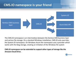 CMS.IO namespace is your friend
Kentico CMS business
layer
CMS.IO
System.IO
Azure blob API
…
The CMS.IO namespace is an intermediary between the Kentico CMS business layer
and various file storage. On a standard Windows installation, CMS.IO only overrides
the System.IO namespace. On Windows Azure the namespace uses a provider which
works with the blog storage, creating an imitation of the Windows file system
CMS.IO namespace can be extended to support other types of storage like the
Amazon Cloud Drive.
 
