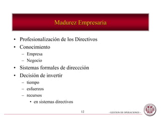 - GESTION DE OPERACIONES –12
Madurez Empresaria
• Profesionalización de los Directivos
• Conocimiento
– Empresa
– Negocio
• Sistemas formales de direccción
• Decisión de invertir
– tiempo
– esfuerzos
– recursos
• en sistemas directivos
 