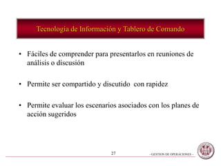 - GESTION DE OPERACIONES –27
Tecnología de Información y Tablero de Comando
• Fáciles de comprender para presentarlos en reuniones de
análisis o discusión
• Permite ser compartido y discutido con rapidez
• Permite evaluar los escenarios asociados con los planes de
acción sugeridos
 