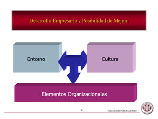 - GESTION DE OPERACIONES –4
Desarrollo Empresario y Posibilidad de Mejora
Entorno
Elementos Organizacionales
Cultura
 