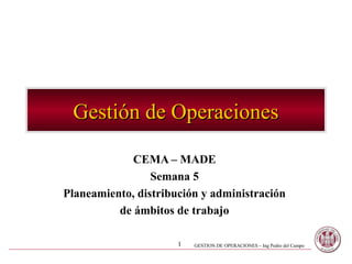 GESTION DE OPERACIONES – Ing Pedro del Campo1
Gestión de OperacionesGestión de Operaciones
CEMA – MADE
Semana 5
Planeamiento, distribución y administración
de ámbitos de trabajo
 