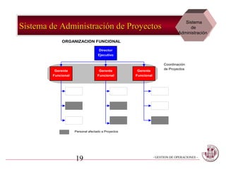 Sistema
Sistema de Administración de Proyectos                                             de
                                                                              Administración
            ORGANIZACION FUNCIONAL

                                   Director
                                   Ejecutivo

                                                                      Coordinación
                                                                      de Proyectos
         Gerente                    Gerente          Gerente
        Funcional                  Funcional        Funcional




                    Personal afectado a Proyectos




                    19                                          - GESTION DE OPERACIONES –
 