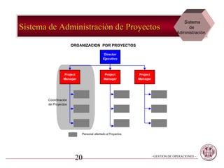 Sistema
Sistema de Administración de Proyectos                                                 de
                                                                                  Administración

                      ORGANIZACION POR PROYECTOS

                                         Director
                                         Ejecutivo



                Project                  Project          Project
                Manager                  Manager          Manager




       Coordinación
       de Proyectos




                          Personal afectado a Proyectos




                       20                                           - GESTION DE OPERACIONES –
 