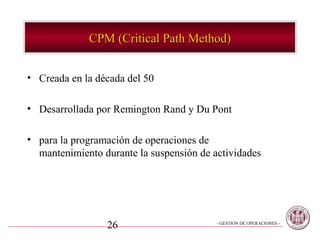 CPM (Critical Path Method)


• Creada en la década del 50

• Desarrollada por Remington Rand y Du Pont

• para la programación de operaciones de
  mantenimiento durante la suspensión de actividades




                 26                       - GESTION DE OPERACIONES –
 