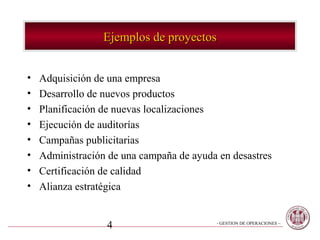 Ejemplos de proyectos


•   Adquisición de una empresa
•   Desarrollo de nuevos productos
•   Planificación de nuevas localizaciones
•   Ejecución de auditorías
•   Campañas publicitarias
•   Administración de una campaña de ayuda en desastres
•   Certificación de calidad
•   Alianza estratégica


                  4                       - GESTION DE OPERACIONES –
 