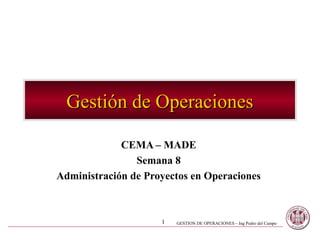 Gestión de Operaciones

             CEMA – MADE
                Semana 8
Administración de Proyectos en Operaciones



                     1   GESTION DE OPERACIONES – Ing Pedro del Campo
 