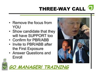 THREE-WAY CALL Remove the focus from YOU Show candidate that they will have SUPPORT too Confirm for PBR/ABB Invite to PBR/ABB after the First Exposure Answer Questions and Enroll GO MANAGER! TRAINING 