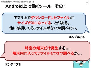 Android上で動くツール　その１
アプリ上でダウンロードしたファイルが
サイズが0になってることがある。
他に破損してるファイルがないか調べたい。
エンジニアA
特定の端末だけ発生する...
端末内に入ってファイル1つ1つ調べるか...
エンジニアB
Android開発とGo／Android上で動くツールを作ろう
23
 