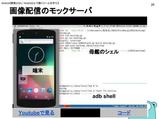 画像配信のモックサーバ
26
Android開発とGo／Android上で動くツールを作ろう
Youtubeで見る コード
母艦のシェル
adb shell
端末
 