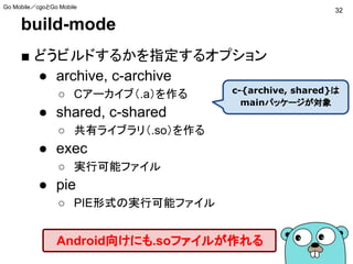 build-mode
■ どうビルドするかを指定するオプション
● archive, c-archive
○ Cアーカイブ（.a）を作る
● shared, c-shared
○ 共有ライブラリ（.so）を作る
● exec
○ 実行可能ファイル
● pie
○ PIE形式の実行可能ファイル
c-{archive, shared}は
mainパッケージが対象
Android向けにも.soファイルが作れる
32
Go Mobile／cgoとGo Mobile
 