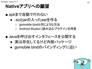 Nativeアプリへの願望
■ apkまで自動で行わない
● .soとjarの入ったaarを作る
○ gomobile bindと同じような方法
○ Android Studioに読み込むプラグインを用意
■ Javaを呼び出すインタフェースを公開する
● 実は存在してるけど内部パッケージ
● gomobile bindのバインディングに近い
57
Go Mobile／Nativeアプリ
 