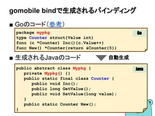 gomobile bindで生成されるバインディング
■ Goのコード（参考）
■ 生成されるJavaのコード
package mypkg
type Counter struct{Value int}
func (c *Counter) Inc(){c.Value++}
func New() *Counter{return &Counter{5}}
public abstract class Mypkg {
private Mypkg() {}
public static final class Counter {
public void Inc();
public long GetValue();
public void SetValue(long value);
}
public static Counter New();
}
Java
Go
自動生成
 