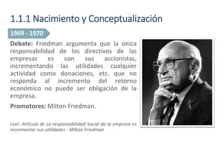 1.1.1 Nacimiento y Conceptualización
1969 - 1970
Debate: Friedman argumenta que la única
responsabilidad de los directivos de las
empresas es con sus accionistas,
incrementando las utilidades cualquier
actividad como donaciones, etc. que no
responda al incremento del retorno
económico no puede ser obligación de la
empresa.
Promotores: Milton Friedman.
Leer: Artículo de La responsabilidad Social de la empresa es
incrementar sus utilidades - Milton Friedman
 