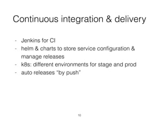 Continuous integration & delivery
10
- Jenkins for CI
- helm & charts to store service conﬁguration &
manage releases
- k8...