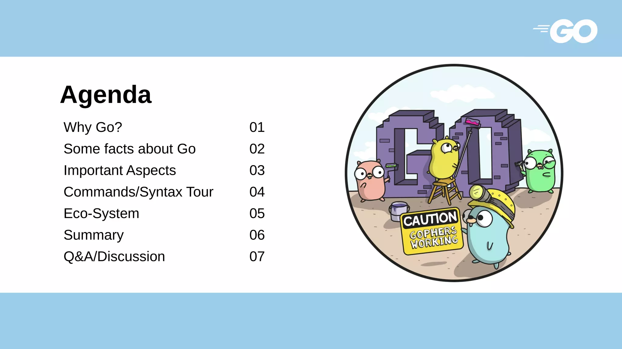 Why Go? 01
Some facts about Go 02
Important Aspects 03
Commands/Syntax Tour 04
Eco-System 05
Summary 06
Q&A/Discussion 07
Agenda
 