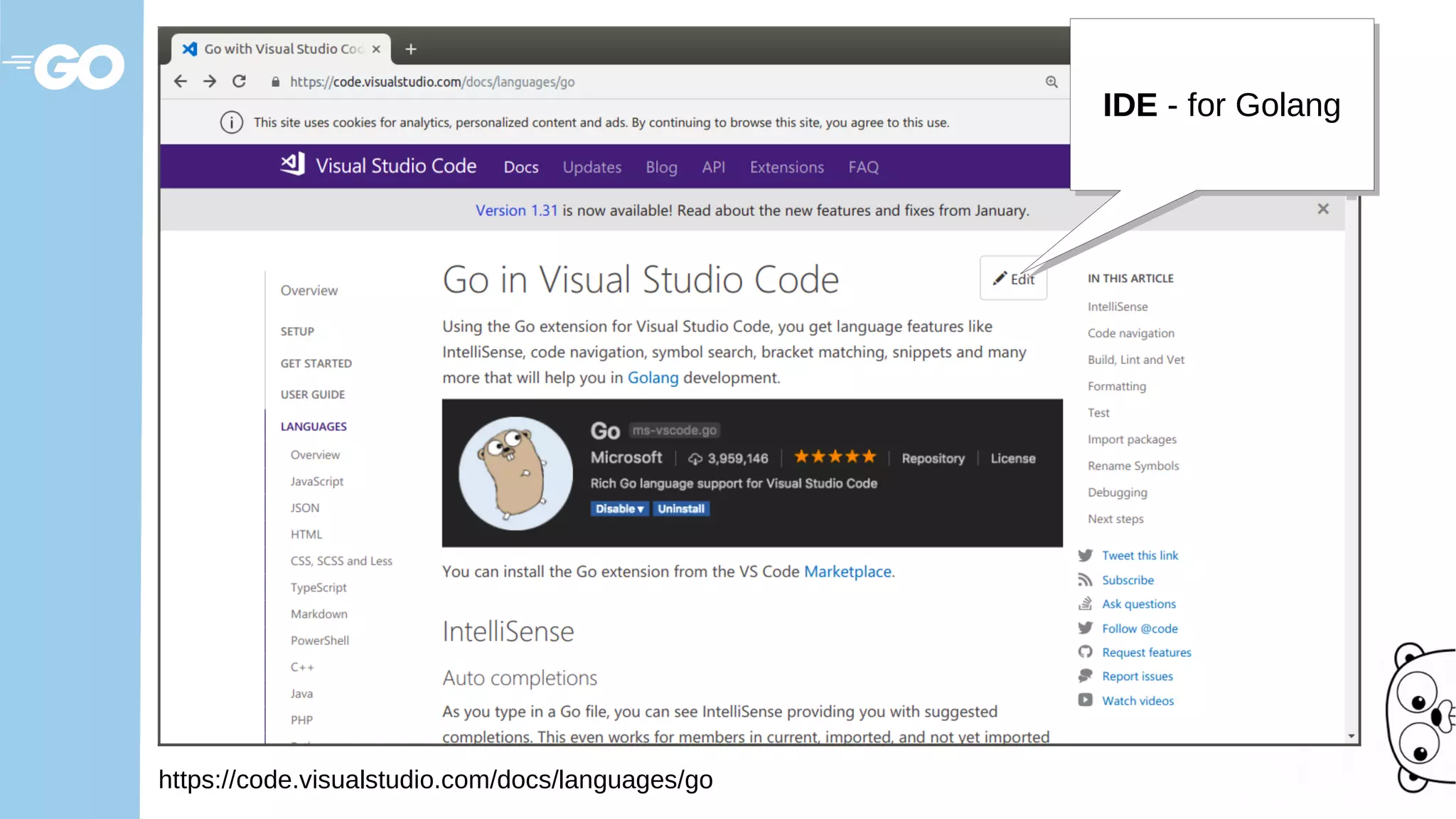 https://code.visualstudio.com/docs/languages/go
IDE - for GolangIDE - for Golang
 