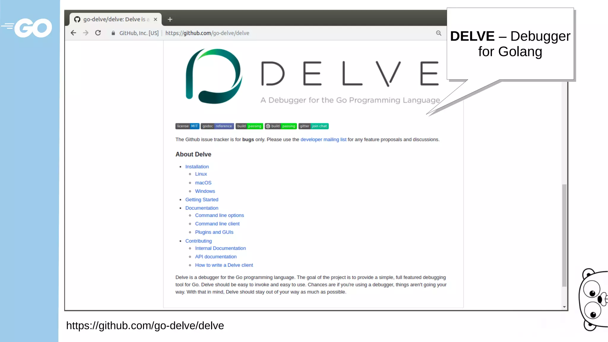 https://github.com/go-delve/delve
DELVE – Debugger
for Golang
DELVE – Debugger
for Golang
 