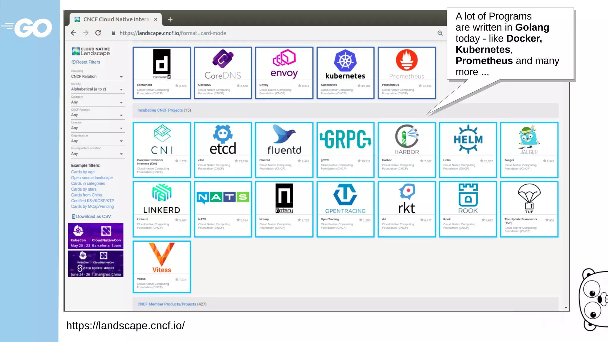 https://landscape.cncf.io/
A lot of Programs
are written in Golang
today - like Docker,
Kubernetes,
Prometheus and many
more ...
 