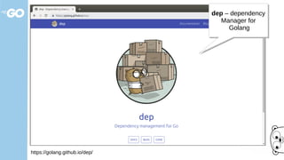 https://golang.github.io/dep/
dep – dependency
Manager for
Golang
dep – dependency
Manager for
Golang
 