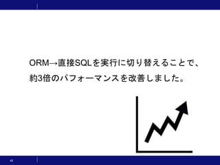42
ORM→直接SQLを実行に切り替えることで、
約3倍のパフォーマンスを改善しました。
 