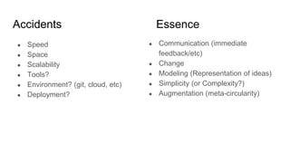 Accidents
● Speed
● Space
● Scalability
● Tools?
● Environment? (git, cloud, etc)
● Deployment?
● Communication (immediate
feedback/etc)
● Change
● Modeling (Representation of ideas)
● Simplicity (or Complexity?)
● Augmentation (meta-circularity)
Essence
 