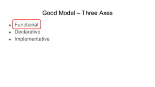 Good Model – Three Axes
● Functional
● Declarative
● Implementative
 