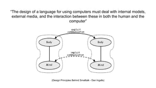 “The design of a language for using computers must deal with internal models,
external media, and the interaction between these in both the human and the
computer”
(Design Principles Behind Smalltalk - Dan Ingalls)
 
