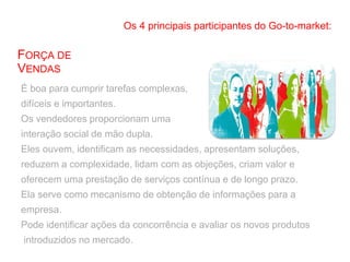 É boa para cumprir tarefas complexas,
difíceis e importantes.
Os vendedores proporcionam uma
interação social de mão dupla.
Eles ouvem, identificam as necessidades, apresentam soluções,
reduzem a complexidade, lidam com as objeções, criam valor e
oferecem uma prestação de serviços contínua e de longo prazo.
Ela serve como mecanismo de obtenção de informações para a
empresa.
Pode identificar ações da concorrência e avaliar os novos produtos
introduzidos no mercado.
Os 4 principais participantes do Go-to-market:
FORÇA DE
VENDAS
 